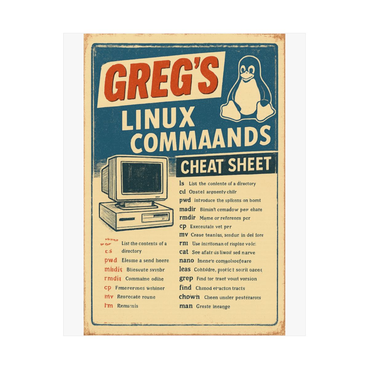 Greg's Linux Commands Cheat Sheet Poster | Vintage Wall Art Print